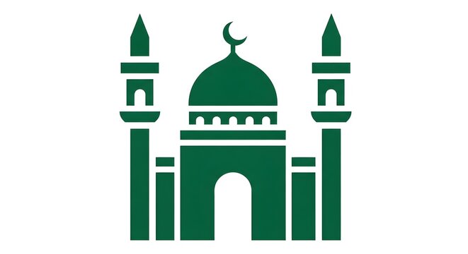 Green mosque icon with crescent moon and minarets
