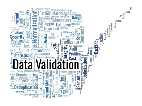 Data Validation Word Cloud. A visual summary of formal verification, logical constraints, and mathematical algorithms used to ensure data accuracy and system reliability in IT.