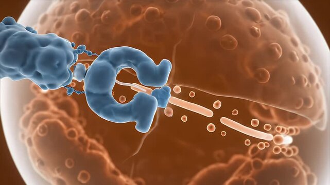 Microscopic view of biological cell undergoing complex internal processes with dynamic fluid movement and molecular interactions detailed scientific animation for education and research