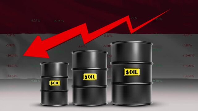 Oil Price Decline: The image features a red downward arrow, highlighting the decreasing oil prices, accompanied by a row of oil barrels symbolizing the energy industry.