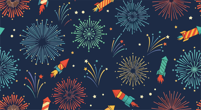 A colorful fireworks display with rockets and stars on a dark blue background