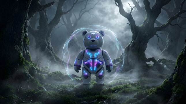 Futuristic cybernetic teddy bear emerges from an enchanted, mystical forest with glowing neon lights and a bubble shield