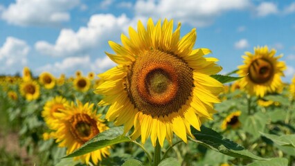 Obraz premium Sunflower facing camera in expansive outdoor field under blue sky