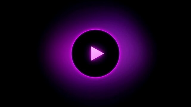 Neon purple play button pulsing with glowing light on black background,  Ideal for streaming video interfaces or tech-themed content intros