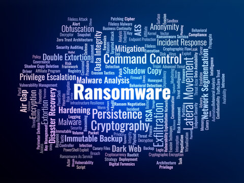 Ransomware Word Cloud. A specialized visual overview of encryption logic, extortion tactics, and cybersecurity defense frameworks used to combat modern malicious software threats.
