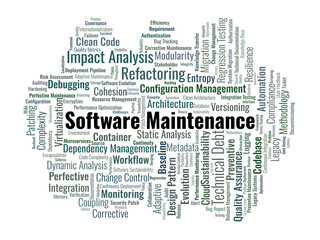 Obraz premium Software Maintenance Word Cloud. A technical visual summary of lifecycle management, technical debt mitigation, legacy system evolution, and strategic quality assurance methodologies.