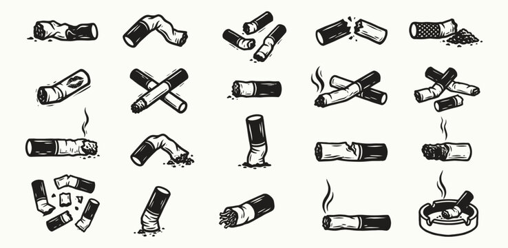 Cigarette butts and smoking addiction icon set for health awareness and wellness campaigns