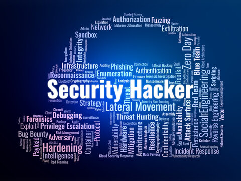 Security Hacker Word Cloud. A comprehensive visual representation of adversary tactics, defensive strategies, vulnerability research, and technical core concepts in cybersecurity.