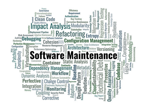 Software Maintenance Word Cloud. A technical visual summary of lifecycle management, technical debt mitigation, legacy system evolution, and strategic quality assurance methodologies.