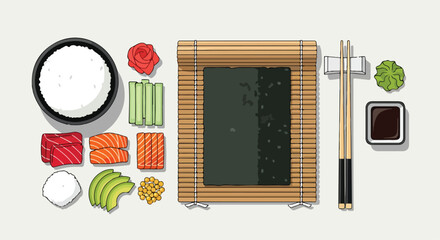 A colorful arrangement of sushi ingredients on a table © Delina