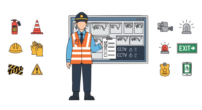 Security Guard with CCTV Monitoring System. Safety Officer Icon Set. Flat Vector Illustration.
