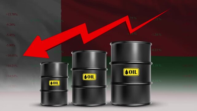 Oil Price decrease with Madagascar Flag and Rising Crude Barrel Trend