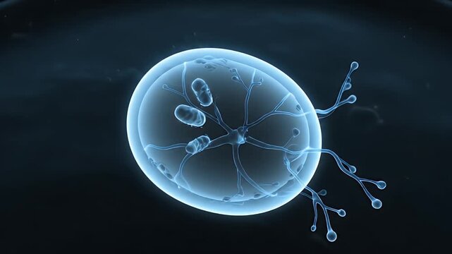 Microscopic view of fertilization where a sperm approaches an ovum in a blue toned laboratory environment symbolizing conception and new life scientific research awareness