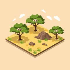 Isometric desert landscape with trees and rocks. © Dani