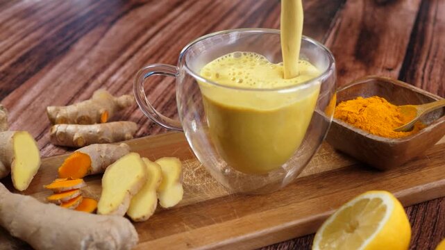 Healthy golden milk being poured into a transparent cup with fresh ingredients like ginger root, turmeric powder, and lemon on a wooden board for a warm, anti inflammatory, ayurvedic beverage