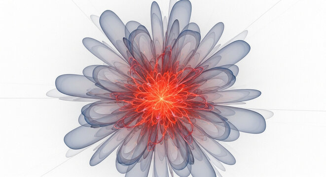 Abstract fractal bloom with vibrant red core and translucent blue petals