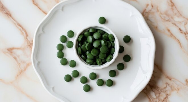 Green spirulina or chlorella tablets in a white bowl on a marble surface