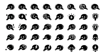 Obraz premium Black light bulb, lamp, and idea icons set, vector illustrations, 40 symbols