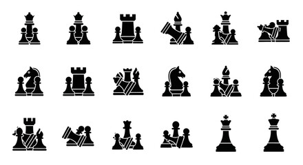 20 Black and White Chess Piece Icons, Vector Illustration Set, Monochrome Design Elements, Chess Symbols Collection © Shabana