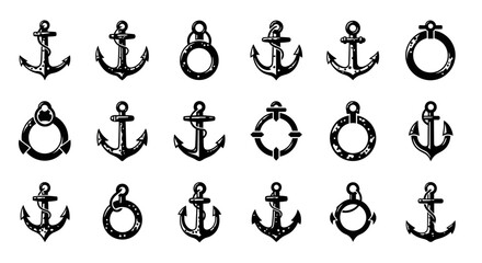 Nautical anchor icons, black vector graphics, anchor symbols, maritime signs © Shabana