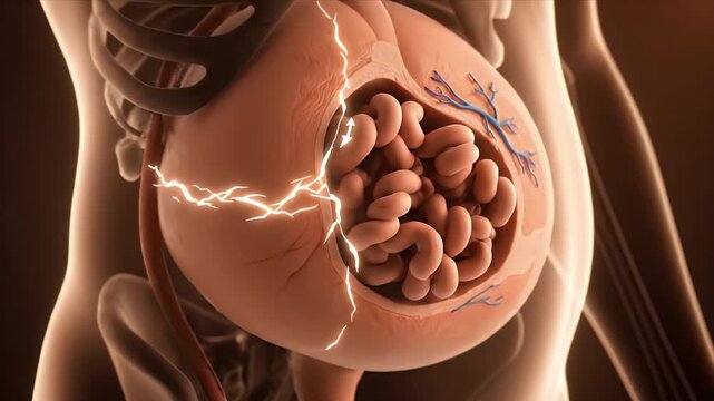 Microscopic view of placental villi with blood vessels showing oxygen and nutrient exchange for fetal development and growth in a medical or scientific context