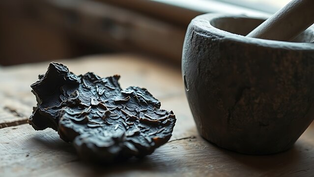myrrh. Dark brown myrrh resin on a rustic wooden surface next to a small stone mortar. event programs, museum guides, designed for cultural heritage projects and event programs, preserves heritage.