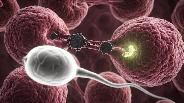 Microscopic view of sperm fertilizing an egg cell with molecular structures in dark background representing cellular division and biological processes