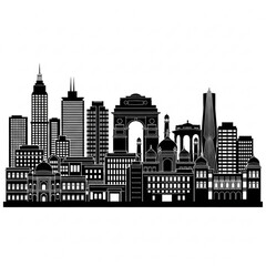 Obraz premium A black and white vector graphic illustration of a city skyline with various buildings and skyscrapers