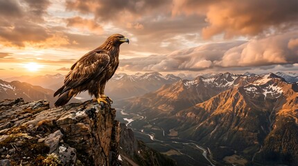 Fototapeta premium An eagle perched on a cliff during sunset with dramatic clouds and golden light.