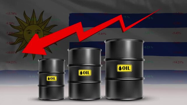 Oil price decline Uruguay economy concept with barrels and red arrow