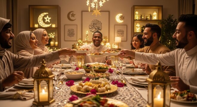 Diverse group of Muslim friends sharing a festive dinner during Ramadan