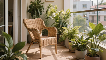 Fototapeta premium Cozy Balcony Decor with Wicker Chair and Lush Potted Plants