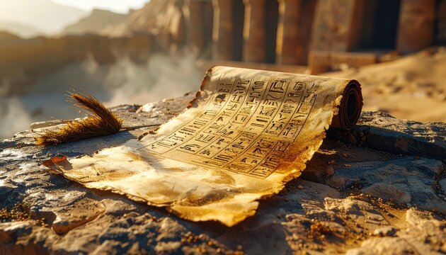 Aged Egyptian papyrus scroll with intricate hieroglyphs unrolled on ancient stone ruins in sunlight
