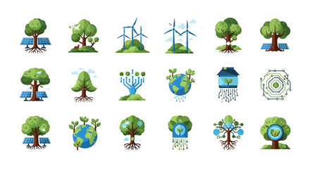 Obraz premium A vibrant illustration symbolizing a harmonious blend of renewable energy and the environment, perfect for conveying growth, sustainability, and eco-c