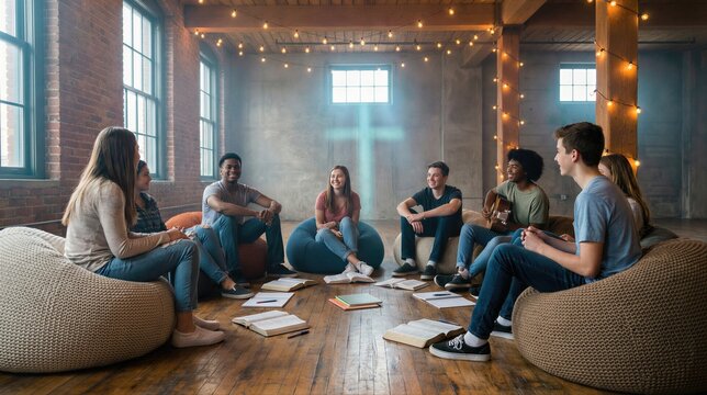 Group of young men and women sitting in circle for modern bible study. Youth ministry gathering in contemporary church interior for faith community.