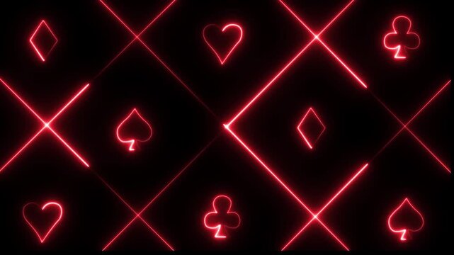neon spade suit or symbol of playing card, 4k gambling animation. Neon playing cards glowing on black background.