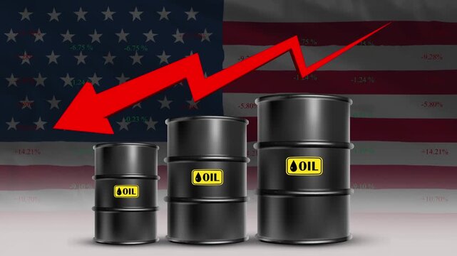 Oil price decline USA economy concept with barrels and red arrow