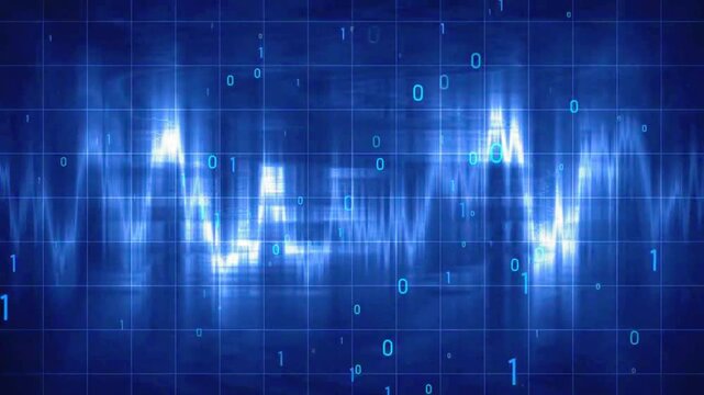 Loopable Digital Data Visualization of White Signal Waves and Blue Binary Code for Information Technology and AI Background
