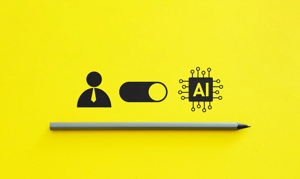 AI replacing human worker concept with automation switch from person to artificial intelligence, job displacement, workforce transformation, digitalization and future of work technology shift