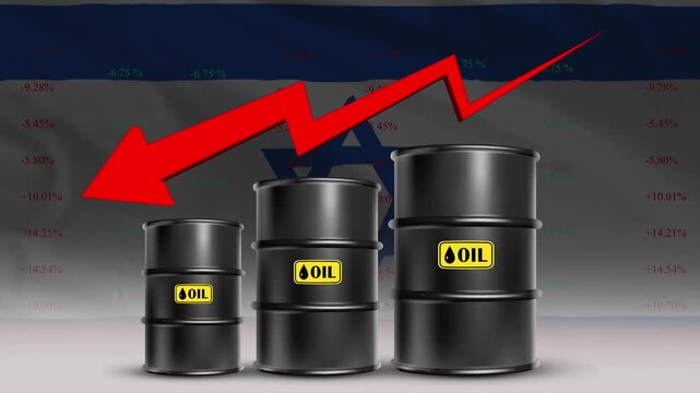 Oil price decline Israel economy concept with barrels and red arrow