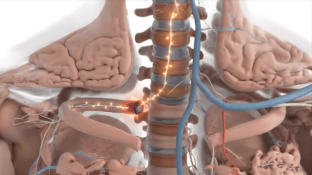 Percutaneous Stent Placement Animation Illustrates Minimally Invasive Vascular Intervention Procedure in a Spinal Column for Educational and Healthcare Presentations with a Clean White Background