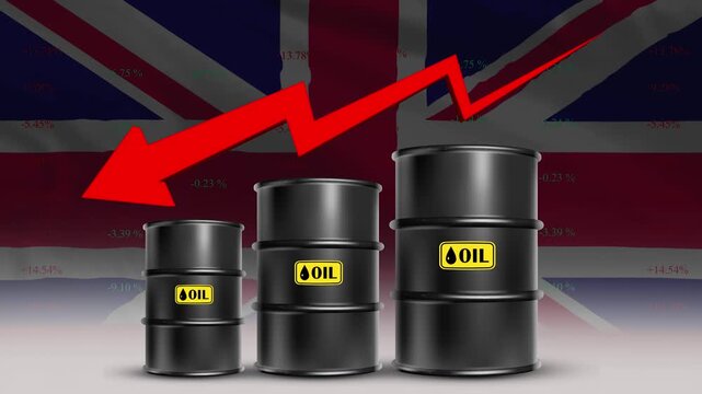 Oil price decline United Kingdom economy concept with barrels and red downward arrow