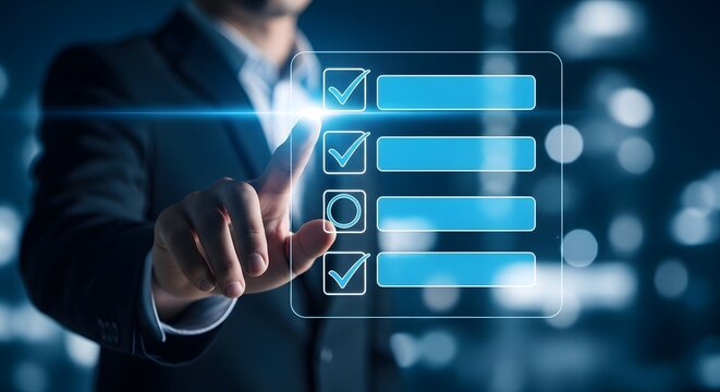 Futuristic interface interaction man touching holographic checklist with glowing checkboxes