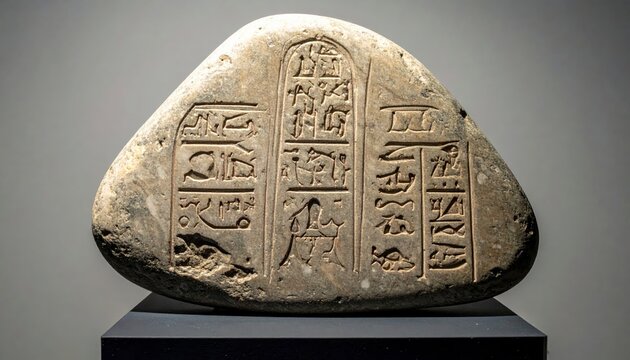 Detailed Close Up of a Rosetta Stone Replica Showing Three Distinct Ancient Egyptian Hieroglyphic Scripts