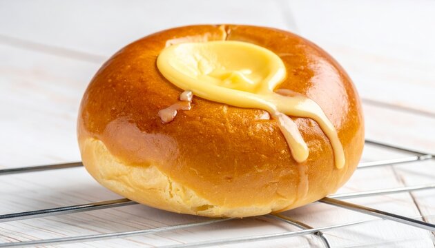 Golden sweet custard bun with creamy filling oozing, a delightful baked pastry treat.