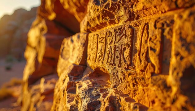 Close-up of weathered Nabataean script carved into textured desert sandstone, revealing ancient history and intricate detail.