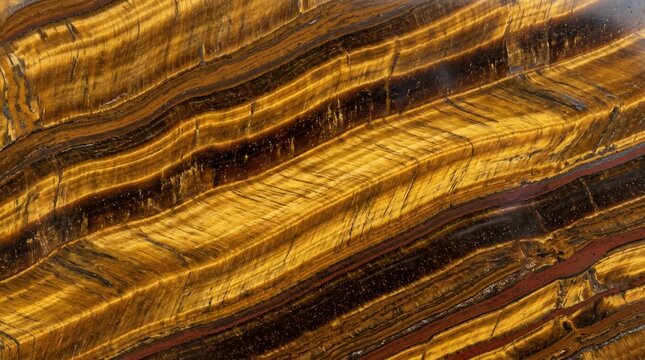 Close-up of a polished tigers eye gemstone with shimmering golden-brown bands and fibrous texture.