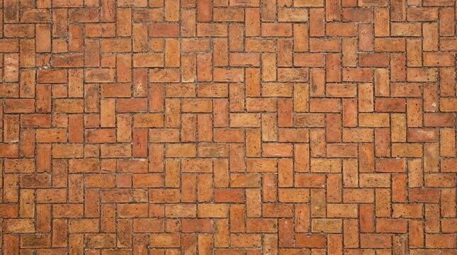 Close-up of a rustic brick wall with a herringbone pattern, showcasing weathered textures and earthy tones.