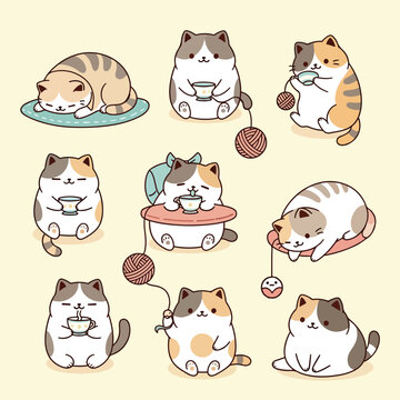 A collection of nine cartoon cats engaging in various playful activities with yarn on a pale yellow
