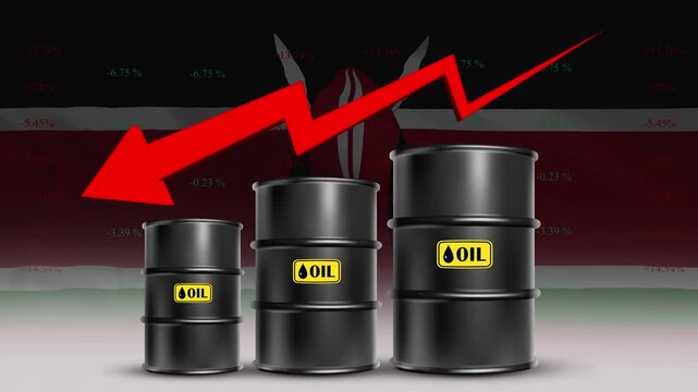 Kenya Flag with Oil Barrels and Red downward Arrow Rising Crude Prices Economic Growth